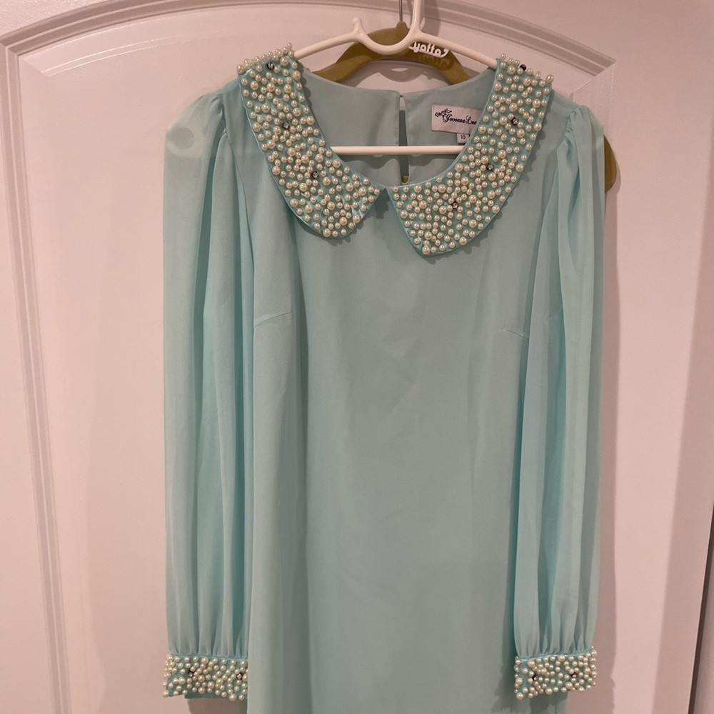 New Pearl-Embellished Mint Green Mini Dress - Women-petite